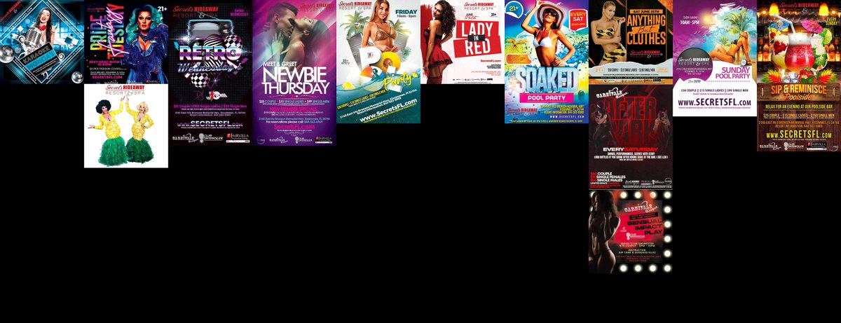 This Week at Secrets Hideaway™: Karaoke Monday, Pride Tuesday, Retro Wednesday, Meet & Greet Newbie Thursday, Friday Pool Party, Lady in Red, Saturday Pool Party, Anything But Clothes, Sensual Impact Play Seminar, After Dark in Club Swinkster, Sunday Pool Party, Sip & Reminisce