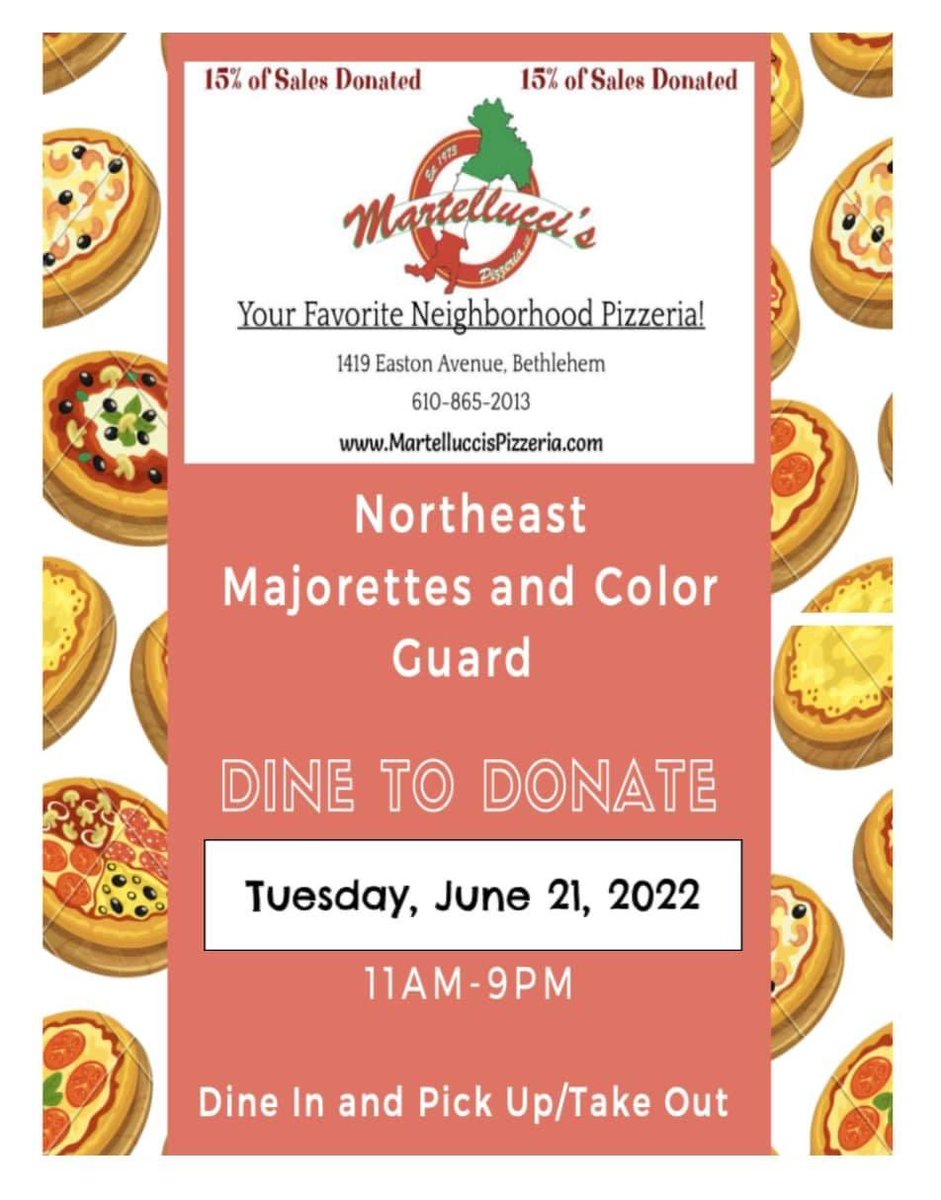 MissGarzaTEACH's tweet photo. Who loves Martellucci’s?! 🍕 Come out for lunch or dinner tomorrow, June 21st between 11-9pm to support Northeast Majorettes and Color Guard!! Martellucci's Pizzeria is donating 15% of all dine in or takeout sales 🙌🏼 @BethlehemAreaSD @BASDnortheast https://t.co/Yglc7i6KiV