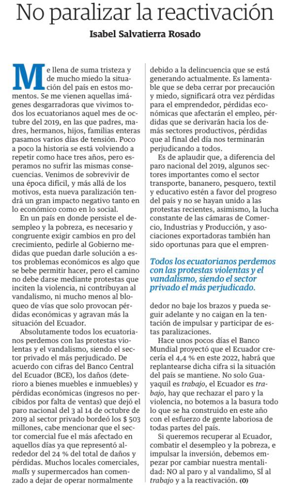 El camino no debe darse mediante protestas que inciten la violencia, ni contribuyan al vandalismo, ni mucho menos al bloqueo de vías que solo provocan pérdidas económicas y agravan más la situación del 🇪🇨.

Les comparto mi artículo de hoy en <a href="/eluniversocom/">El Universo</a>
eluniverso.com/opinion/column…