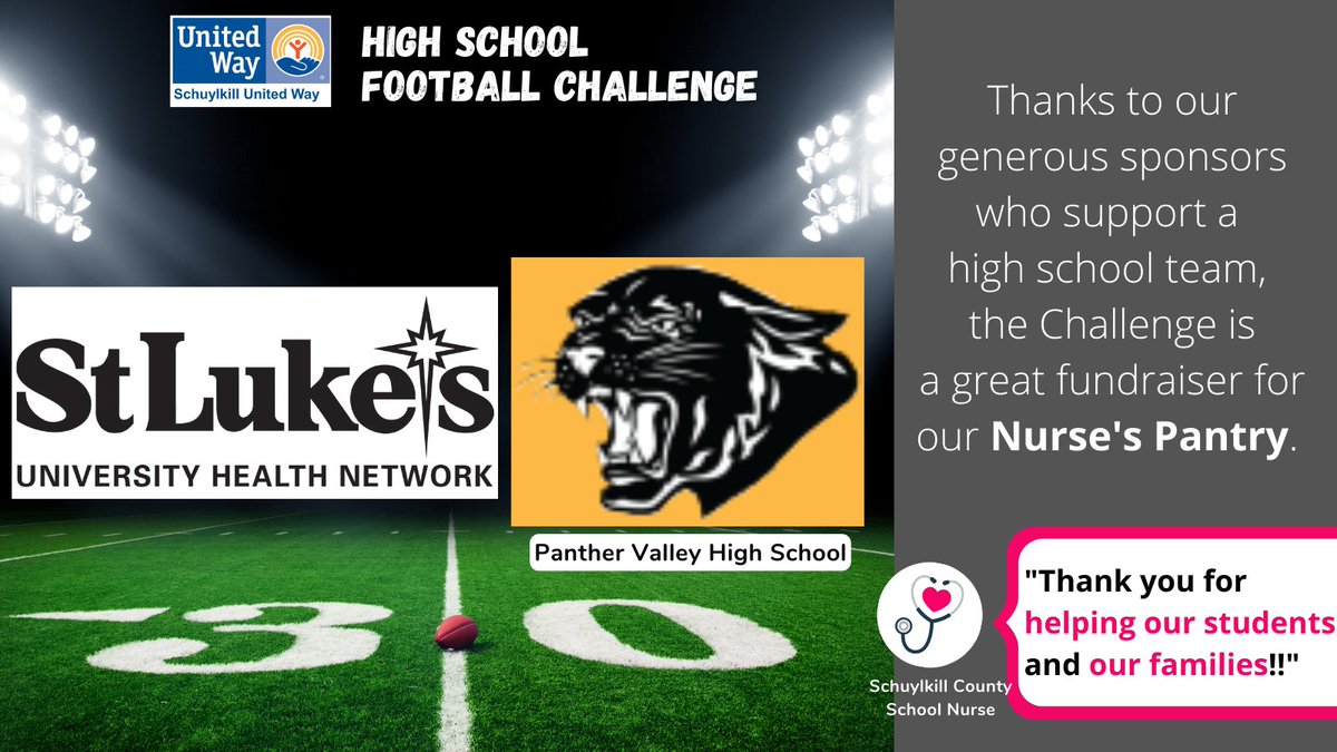 SchuylkillUnitedWay (@schunitedway) on Twitter photo Thank you <a href="/mystlukes/">St. Luke's University Health Network</a> / St. Luke's University Health Network for sponsoring the <a href="/PantherValley/">Panther Valley</a> in this year's High School Football Challenge!!
See everyone June 21 at <a href="/NorthSchuylkill/">North Schuylkill SD</a> Ghosh Orthodontics Field at Spartan Stadium.
Competitions begin at 5pm.
#suwfootballchallenge Thank you <a href="/mystlukes/">St. Luke's University Health Network</a> / St. Luke's University Health Network for sponsoring the <a href="/PantherValley/">Panther Valley</a> in this year's High School Football Challenge!!
See everyone June 21 at <a href="/NorthSchuylkill/">North Schuylkill SD</a> Ghosh Orthodontics Field at Spartan Stadium.
Competitions begin at 5pm.
#suwfootballchallenge