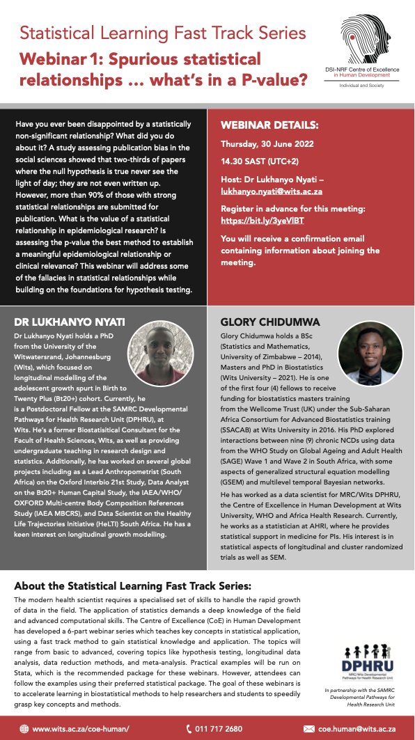 MRC-Wits Developmental Pathways 4 Health Research (@dphru_sa) on Twitter photo Check out the 1st webinar in the Statistical Learning Fast Track Series, hosted by <a href="/CoEHuman/">DSI-NRF Centre of Excellence in Human Development</a>, in partnership with <a href="/DPHRU_SA/">MRC-Wits Developmental Pathways 4 Health Research</a> First presenters are @LukhanyoNyati & <a href="/glorychidumwa/">Glory Chidumwa</a> Click here to register: bit.ly/3yeVlBT Check out the 1st webinar in the Statistical Learning Fast Track Series, hosted by <a href="/CoEHuman/">DSI-NRF Centre of Excellence in Human Development</a>, in partnership with <a href="/DPHRU_SA/">MRC-Wits Developmental Pathways 4 Health Research</a> First presenters are @LukhanyoNyati & <a href="/glorychidumwa/">Glory Chidumwa</a> Click here to register: bit.ly/3yeVlBT