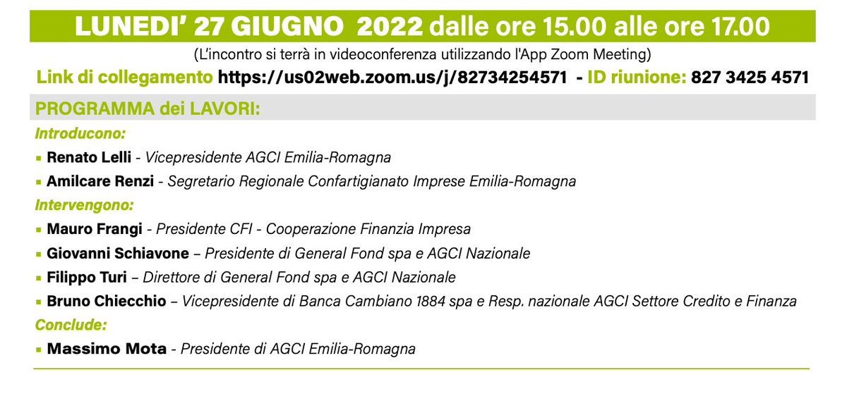 AGCI Emilia- Romagna, in collaborazione con Confartigianato Emilia-Romagna, ha deciso di dedicare un incontro di approfondimento al tema dei Workers Buyout con l'intervento di CFI, Banca Cambiano e General Fond. 
agci-emr.org/incontro-sui-w… 

#27giugno #SaveTheDate #events #WBO