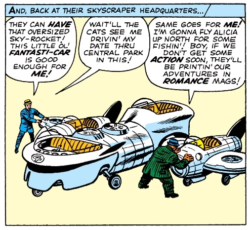 Cronicas_Marvel's tweet photo. Es increíble cómo podemos pasar de una escena tan cotidiana a ver a Reed y Sue prepararse para probar un nuevo misil intercontinental tripulado... con el que van a Hawaii en su primer viaje. Vaya pájaros.
Ben y Johnny se conforman con el clásico Fantasticar para sus planes #FF18 https://t.co/7IWMPjDmGn