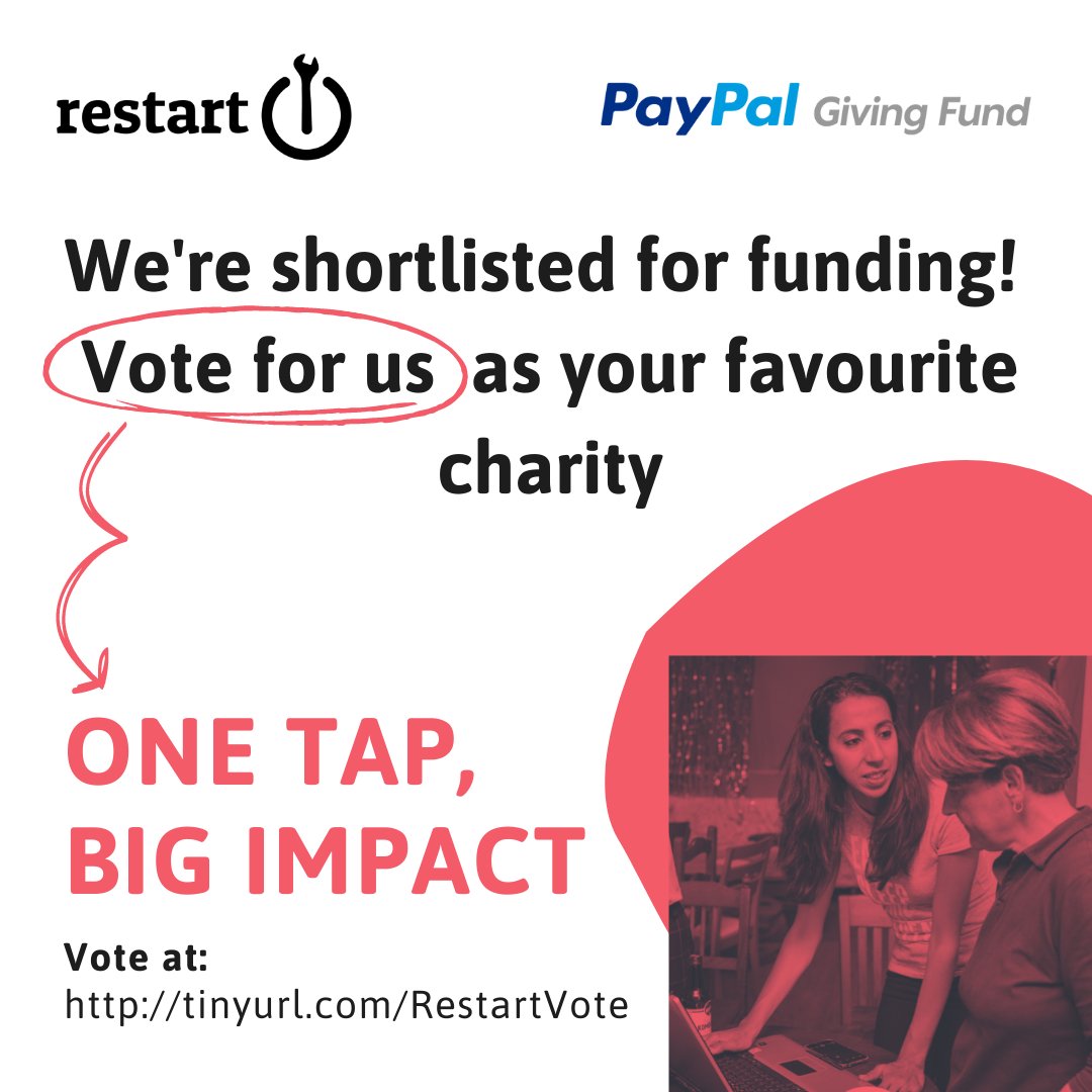 RestartProject's tweet image. Help us continue to fight for longer lasting electronics - in 10 seconds!
Vote for Restart as your favourite charity at tinyurl.com/Restartvote, and we could be on Give at Checkout with PayPal AND receive matched donations.
..And then ask others to 😉
#OneTapBigImpact2022
