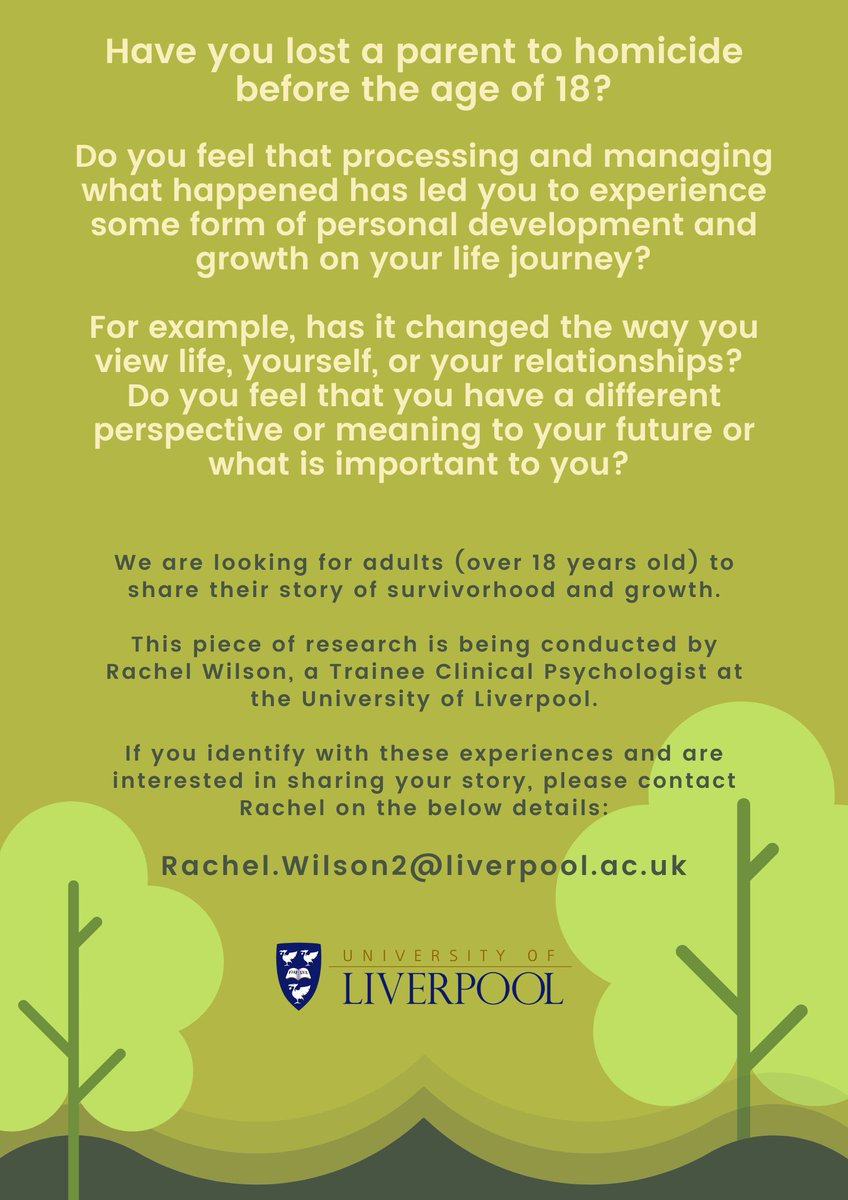 We are now recruiting internationally! If you identify with experiencing some form of growth or development on your life journey and are interested in sharing your story, please contact Rachel.Wilson2@liverpool.ac.uk Take care, R #posttraumaticgrowth #homicide #bereavement