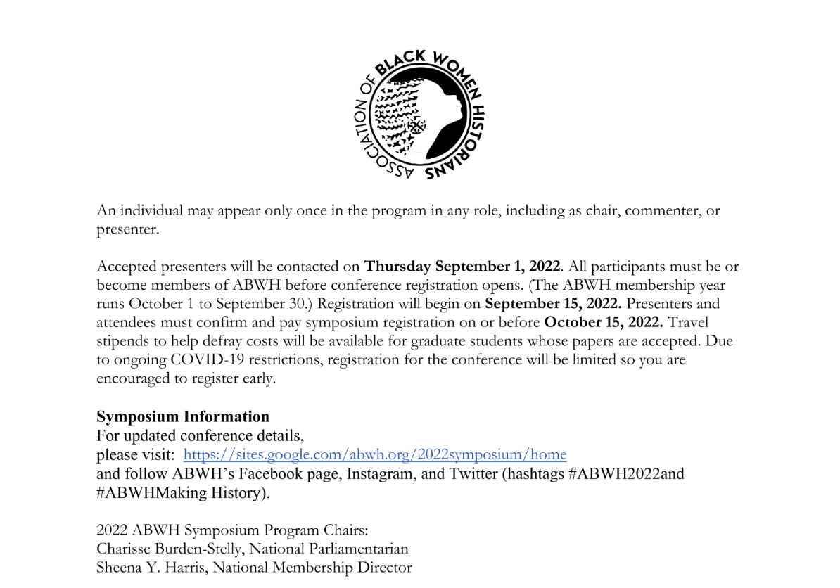 ABWH National Symposium's Call for Papers is live! 

Please submit your proposals for “Shining Threads and Heavy Loads | Where We Enter and When We Exhale: Black Women Making History" by August 1, 2022!

Submit your individual paper submissions here: bit.ly/ABWHSymposium2…….