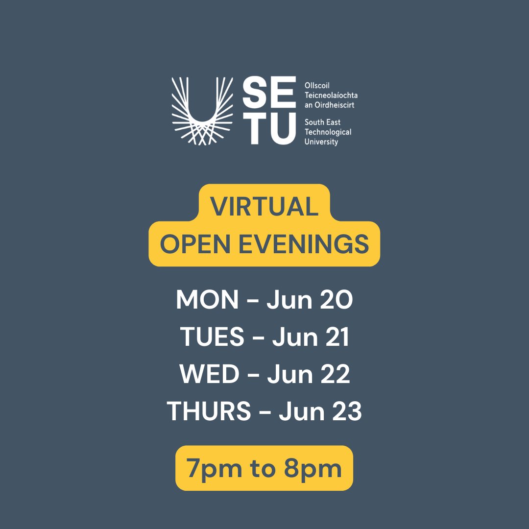 setulll's tweet photo. Join us for our Virtual Open Evenings starting tonight at 7pm. Simply click the following link to access the event: https://t.co/o2EkHw7A3p
#setu #setulifelonglearning #openevening #virtualopenevening @setuireland https://t.co/GDdd46EE08