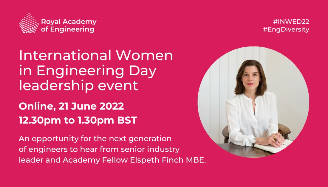 It's on TOMORROW and it's not too late to sign up - barriers to women advancing in their careers can include a lack of diverse and visible role models. This free #INWED22 event provides a great opportunity for women engineers to hear from a woman leader: eventbrite.co.uk/e/royal-academ…
