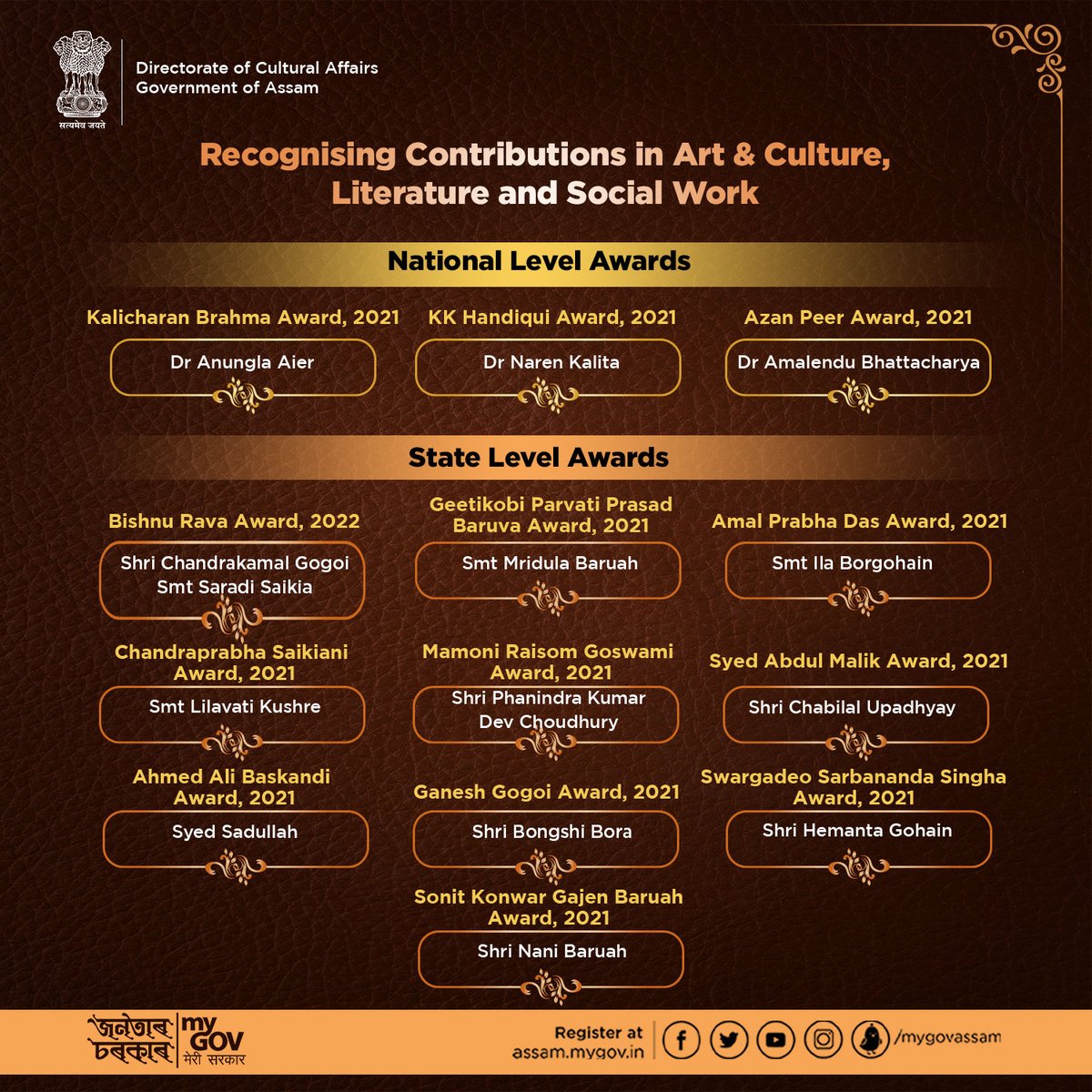 mygovassam's tweet photo. Congratulations to all the recipients of national and state level awards instituted by the Directorate of Cultural Affairs, Assam for their contributions in the fields of Art &amp; Culture, Literature and Social Work in the State. https://t.co/32O0KHCSsZ