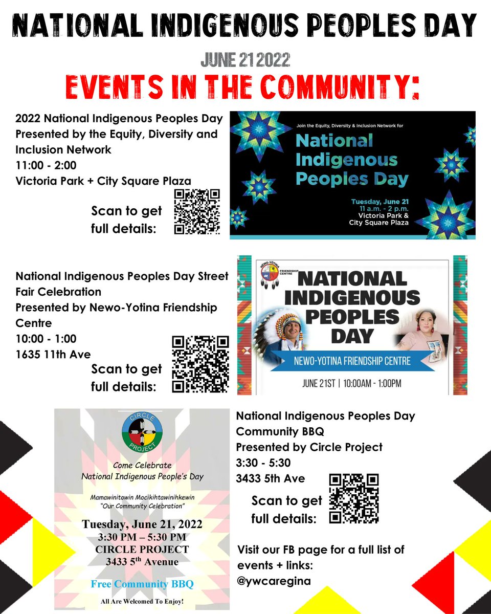 Tomorrow is National Indigenous Peoples Day. Our staff will be in the community, engaging, learning + celebrating Indigenous Culture. We encourage everyone to do the same. We’ve compiled a detailed list of happenings, check it out: facebook.com/YWCARegina
Happy #NIPD everyone!