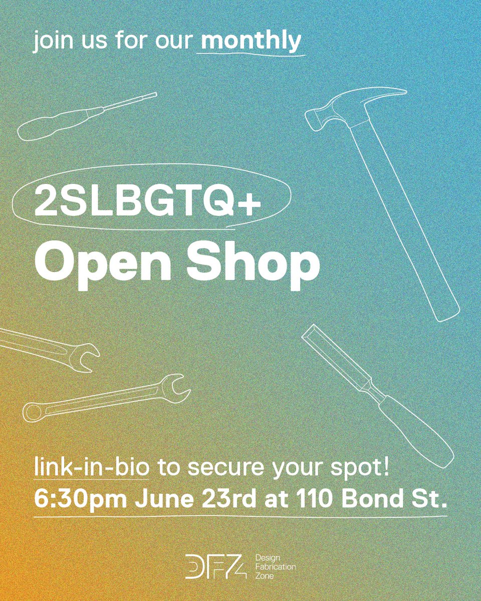 DesignFabZone's tweet photo. 🌈✨ 2SLGBTQIA+ OPEN SHOP!!! ✨ 🌈
Thurs June 23 6:30-8:30pm, 110 Bond St. Come use our #FabricationSpace to work on your ongoing projects or start a new one. You'll have access to the shop's hand tools, soldering station &amp; free material library. https://t.co/7x7ikxy7px https://t.co/9qQAdB4sM7
