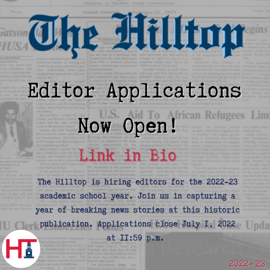 TheHilltopHU's tweet photo. The Hilltop editor applications are now open! Applications will close at 11:59 p.m. on July 1st. If you have any questions, please direct message this account or email us applications.hilltop@gmail.com. #forzora 💙 https://t.co/lz7l0uiKCX
