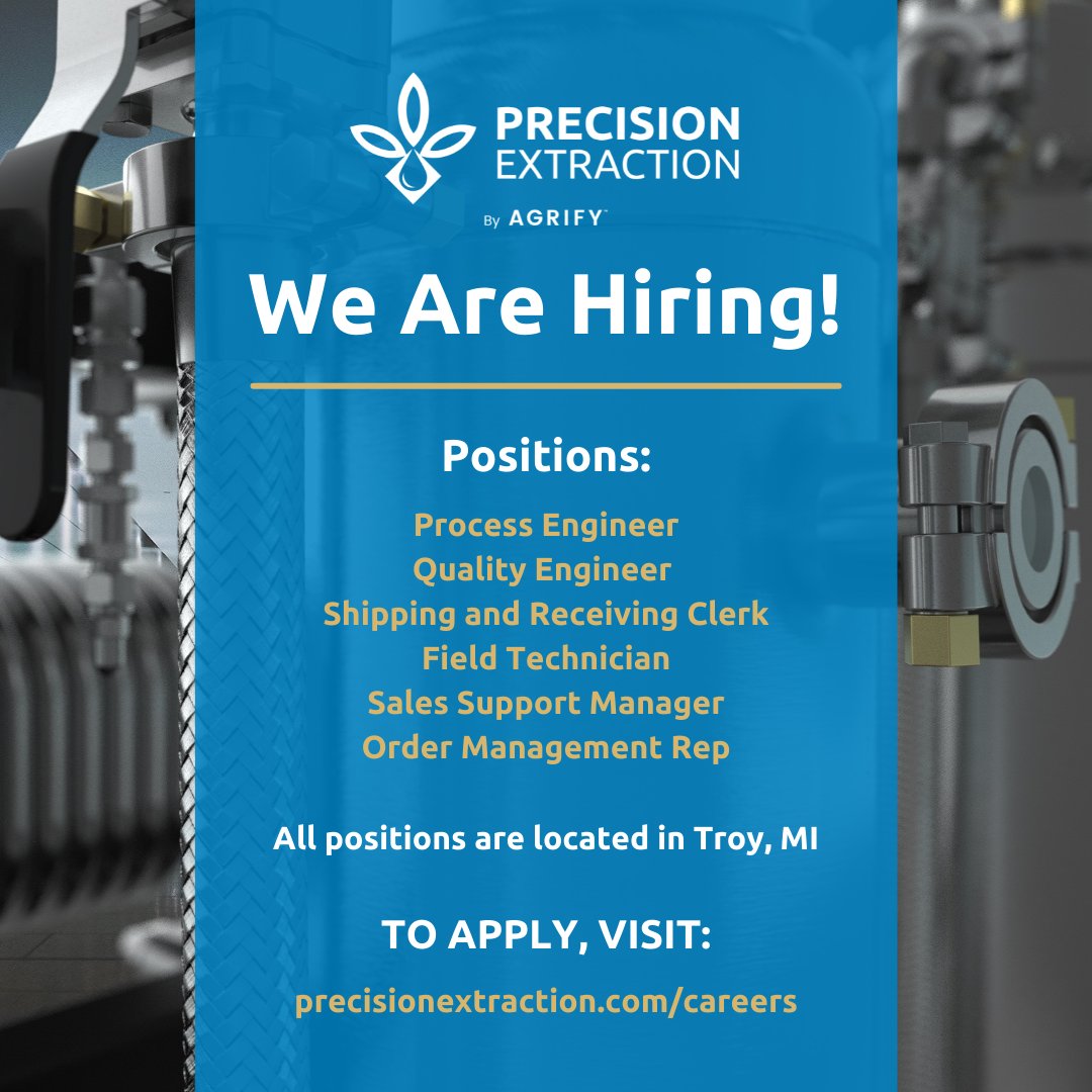 Join our team! If you are located in Troy, MI, or nearby, we have several open positions.

Visit precisionextraction.com/careers to apply today!