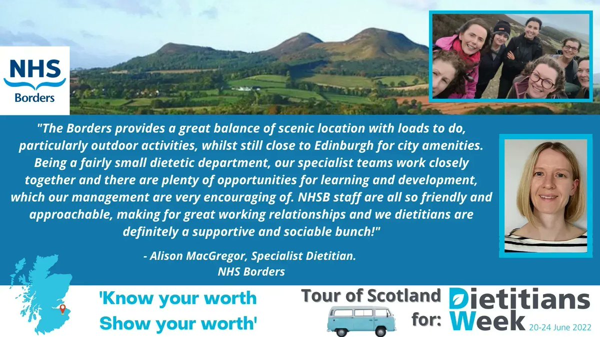 BDAWOSBranch's tweet photo. This afternoon we are going East to visit the Scottish Borders Dietetic community and the stunning Eildon Hills 🏔️ #DW2022 @BDAEastScotland https://t.co/3117O6kcrW