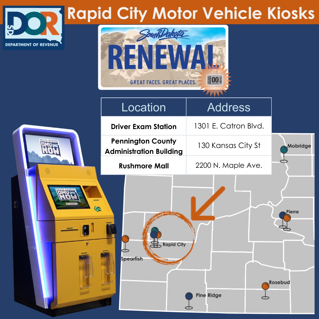 SDRevenue's tweet image. Hey Rapid City friends, check out one of the THREE DMV Now Kiosks near you today! dor.sd.gov/newsroom/use-d… #DMVNow #RenewToday
