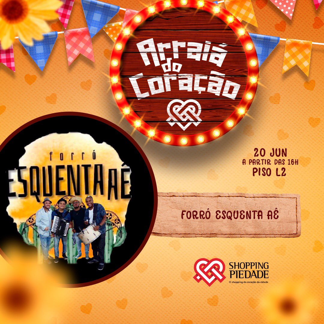 ShoppPiedade's tweet photo. Hoje é dia de Forró Esquenta Aê no Arraiá do Coração! ❤️
A partir das 16h, no piso L2, venha curtir o melhor São João da cidade aqui no Piedade! 🪗🥜😍 https://t.co/sdb8MPWYwe