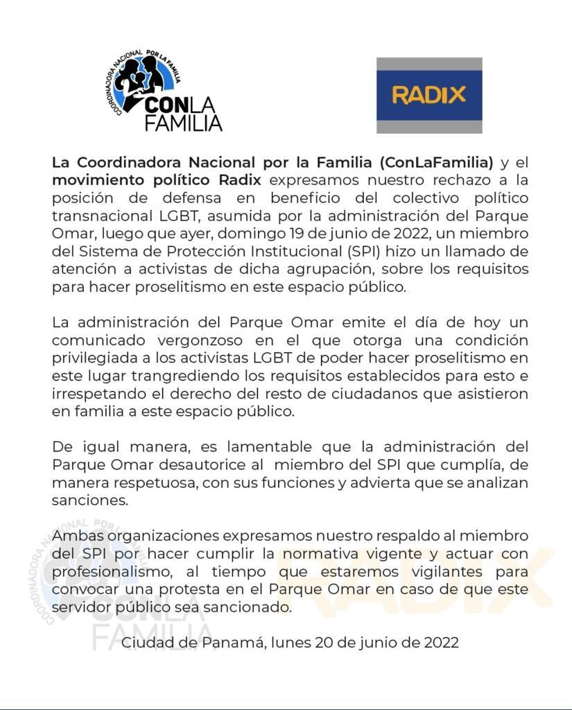 #NacionalCri La Coordinadora Nacional por la  Familia y el movimiento político <a href="/RadixPa/">Radix</a>, rechazan la posición de defensa a favor del grupo LGBT que puso una bandera en el <a href="/ParqueOmarPma/">Parque Omar - Panamá</a>. Expresan su respaldo a la unidad SPI y si lo sancionan convocarán a una protesta.