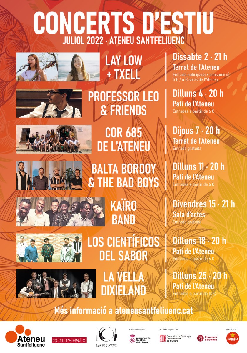 Al juliol, concerts d’estiu a l’Ateneu! 
ateneusantfeliuenc.cat/concerts-desti…
#musica #cultura #santfeliu #baixllobregat #somateneu