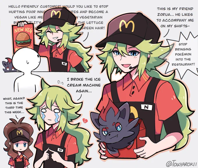 This interaction got me drawing.. what if N Pokémon worked at McDonald's? https://t.co/5w0Qb55kCx 