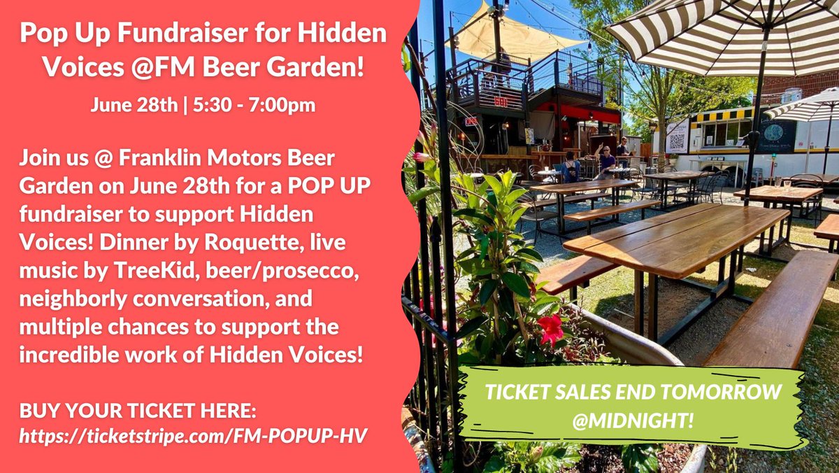 HiddenVoicesUS's tweet image. Have you bought your ticket for the FUNdraiser @ Franklin Motors Beer Garden yet??🥂Ticket sales end TOMORROW @ midnight to give the chef time to come up with the tasty menu.🍴Get your tickets now: ticketstripe.com/FM-POPUP-HV