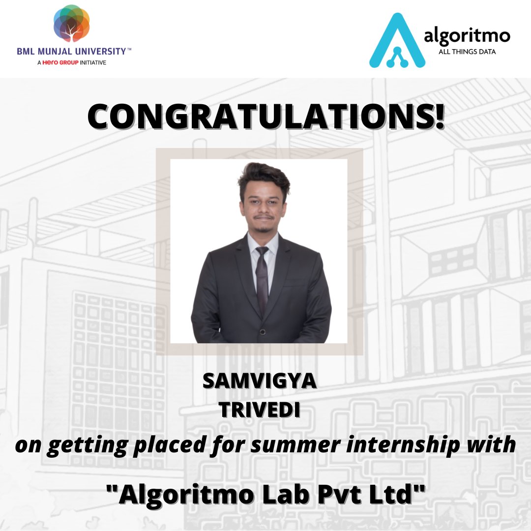 PlaceComm_BMU's tweet photo. Our sincere gratitude to Algoritmo Lab Pvt Ltd for giving our student the opportunity to showcase his abilities and talents.
We congratulate and wish him all the best for his summers.

#HEROSOFTODAY #BMU #Placements #Placecom #BMUkiAwaz #BMUtalks #BMLMunjalUniversity https://t.co/ovIpCNwfN1