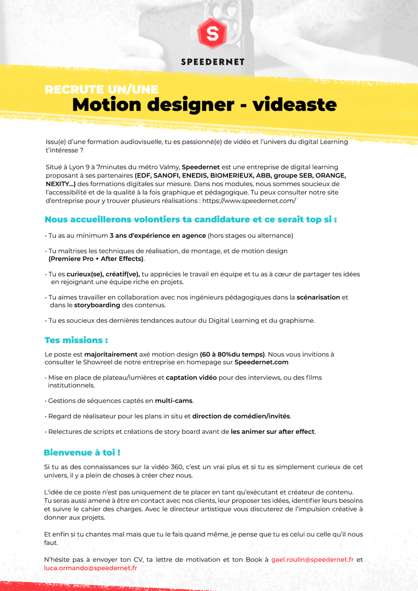 Speedernet_Fr's tweet photo. 💼 Nous recrutons un Motion Designer / Vidéaste (H/F). Rejoignez-nous pour une expérience riche et stimulante !

Vous êtes intéressé ? Candidatez par mail : gael.roulin@speedernet.fr / luca.ormando@speedernet.fr

#Recrutement #MotionDesign #Vidéaste #Rechercheemploi  #CV https://t.co/MaHMHlUa25