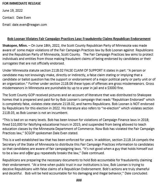 NoMoreRINOsMN's tweet photo. RINO Boozin’ Bob Loonan Violates Fair Campaign Practices Law; Fraudulently Claims Republican Endorsement. @scottcountygop delegates did NOT endorse @LoonanforMN this year yet he’s illegally passing out literature saying that he’s #MNGOP endorsed for the #Mnleg in #54a. https://t.co/0TdHAb7upb