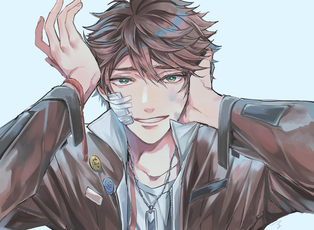 1boy male focus green eyes brown hair solo jacket smile  illustration images