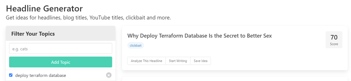 CloudDude_'s tweet image. Just tried headline generator with two keywords "database and terraform" this is what I got 😂
contentrow.com/tools/headline…
#ML #titlegenerator #devopsFun
