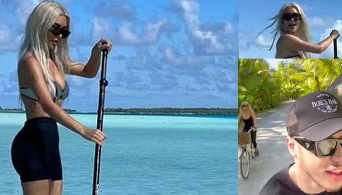 Toufaani's tweet photo. Kim Kardashian sends temperatures soaring as she shares new sizzling pics with Pete Davidson: Pete Davidson's lovebird put on her fit physique on display in her silver and black Body Glove bikini #news #newspakistan https://t.co/8e6v5LHx1u