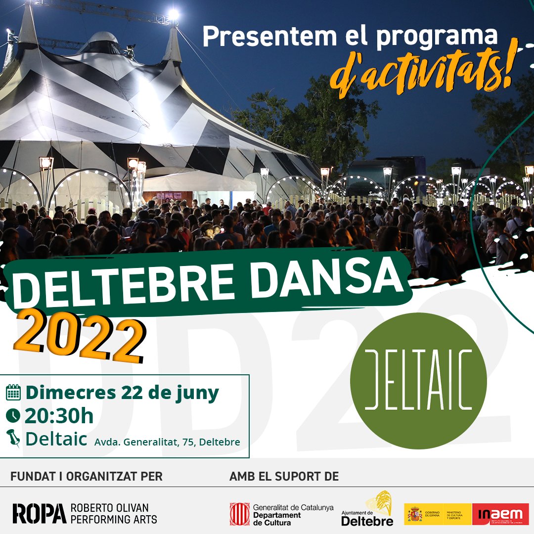 👋Vols conèixer la programació del festival #DeltebreDansa 2022? Vine a l'𝐚𝐜𝐭𝐞 𝐝𝐞 𝐩𝐫𝐞𝐬𝐞𝐧𝐭𝐚𝐜𝐢ó aquest dimecres 𝟐𝟐 𝐝𝐞 𝐣𝐮𝐧𝐲 𝐚 𝐥𝐞𝐬 𝟐𝟎.𝟑𝟎 𝐡 a l'ecorestaurant <a href="/DeltaicEco/">Deltaic</a> de #Deltebre (Av. Generalitat, 75).