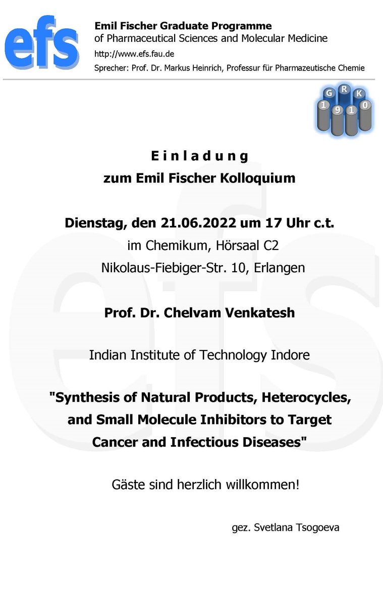 Getting ready to welcome our collaborator Prof. Chelvam Venkatesh @IITIOfficial for tomorrow's Emil Fischer Lecture at @UniFAU !!

#Heterocycles #NaturalProducts #AntiCancerDrugs