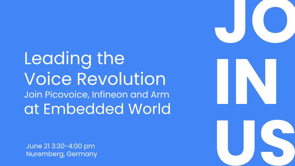 AiPicovoice's tweet photo. Hey PSoC6, let's lead the voice revolution!
Join Picovoice @Infineon and @ArmSoftwareDev at @embedded_world for a live demo to see how easy it is to build voice products
https://t.co/2dxF286x5d
#EW22 #VoiceAI #WakeWord #NLU #SpeechtoIntent https://t.co/erRja08pS6