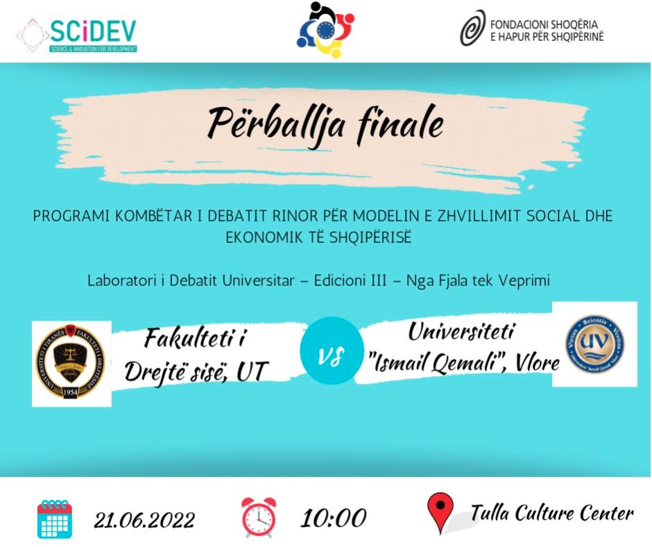 SCiDEV_Center's tweet photo. Tomorrow we're hosting the finals of the #DebateLab #FromWordstoAction program. Join us @tullaculture, 10:00 am, and follow students from #FacultyofLawUT & #UniversityofVlora debate about Albania's socio-economic development model.
To join online: https://t.co/TLqzTq9FF9 https://t.co/qRpJoZ3kw2