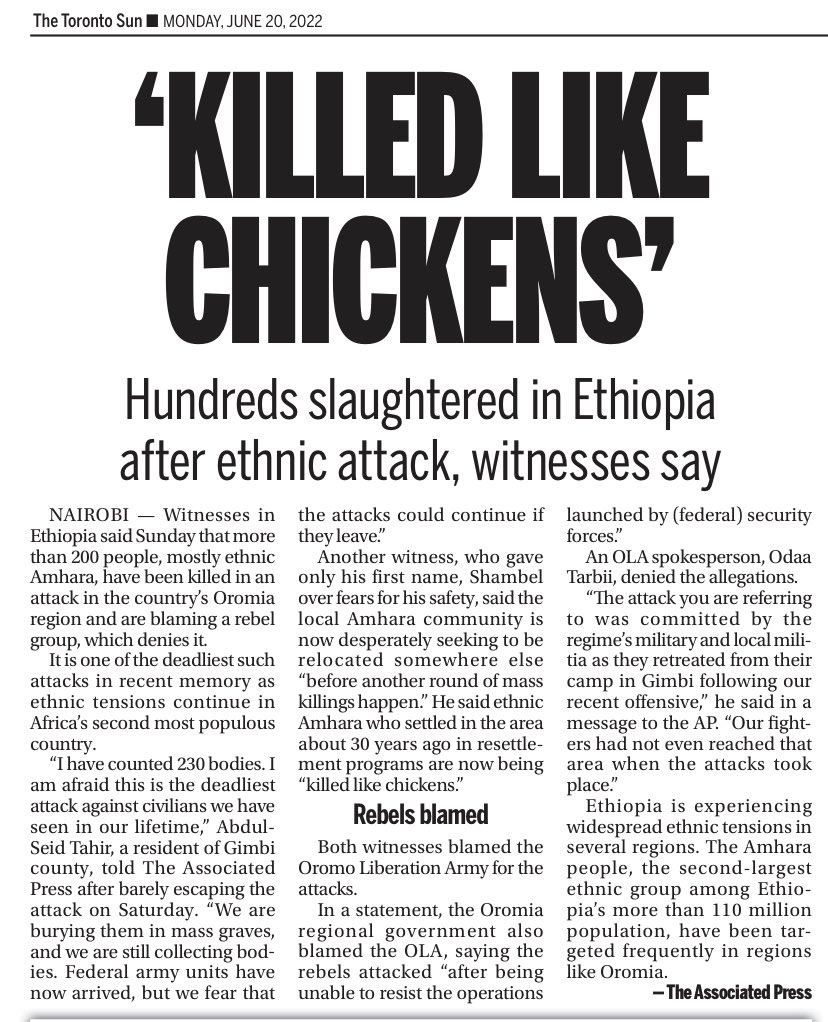 Tarek Fatah (@tarekfatah) on Twitter photo Hundreds slaughtered in #Ethiopia, but scant coverage of the massacre since it wasn't in #Ukraine.
apnews.com/article/ethiop… - <a href="/TheTorontoSun/">Toronto Sun</a> Hundreds slaughtered in #Ethiopia, but scant coverage of the massacre since it wasn't in #Ukraine.
apnews.com/article/ethiop… - <a href="/TheTorontoSun/">Toronto Sun</a>