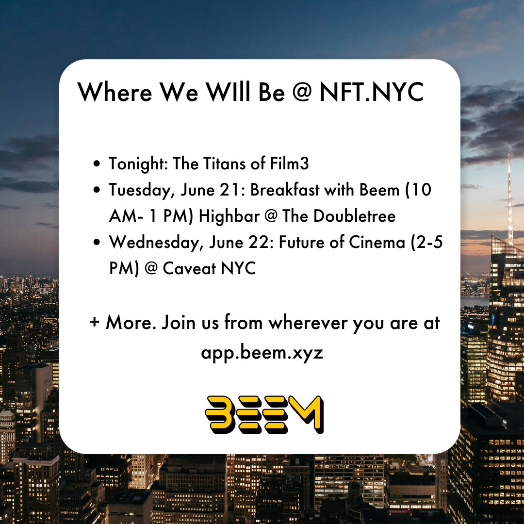 A big week ahead here at NFT.NYC. Here are the not to miss events where you will find <a href="/MihaiC/">Mihai ✨</a> <a href="/0xcyp/">cyp.eth</a> &amp; <a href="/TessFenn/">Tess Fenn 🌞</a>. 

#Film3takesNYC