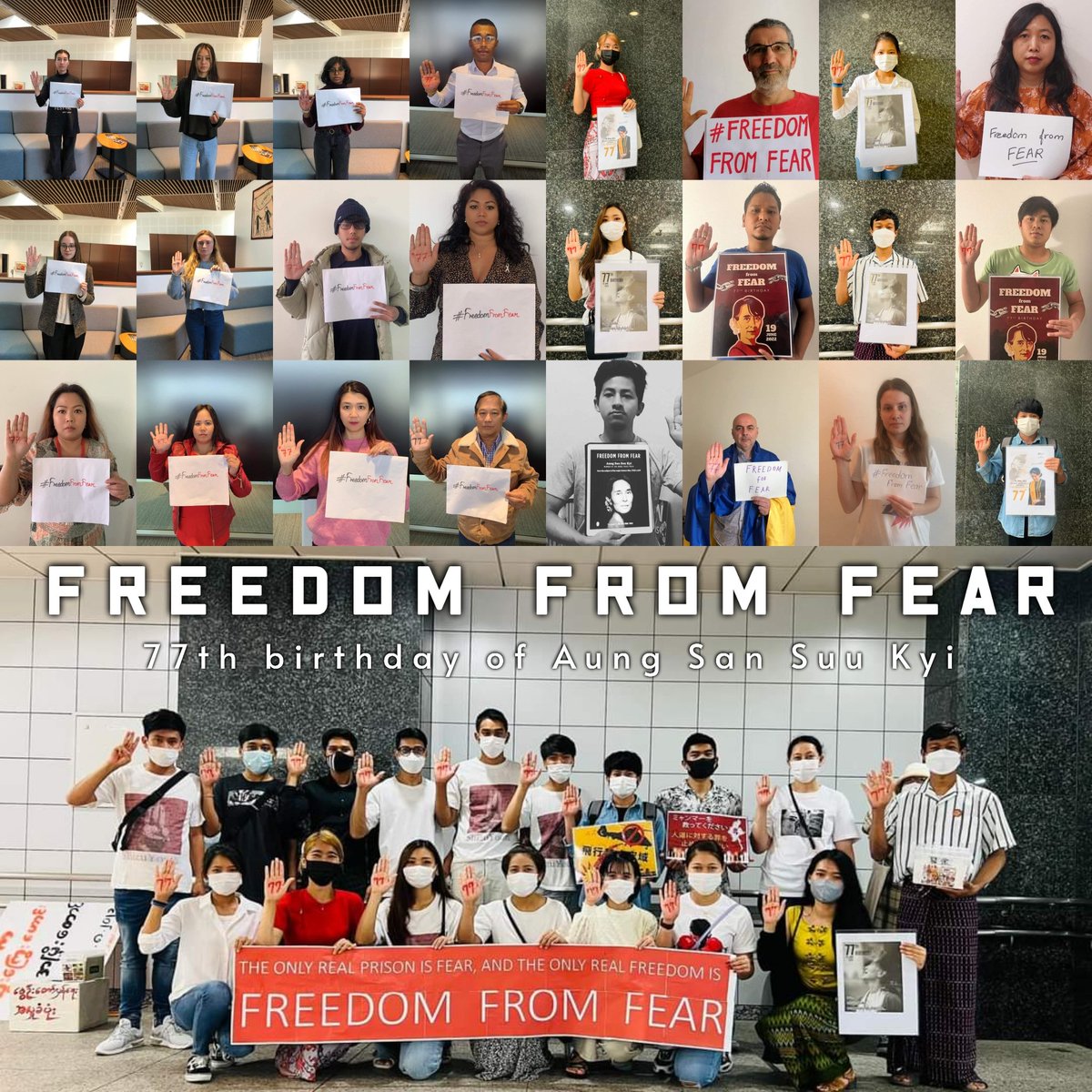 'The only real freedom is freedom from fear' — Myanmar's pro-democracy leader Aung San Suu Kyi.

#FreedomFromFear Campaign to mark the 77th birthday of Suu Kyi on June 19.

#2022Jun20Coup #WhatsHappeningInMyanmar