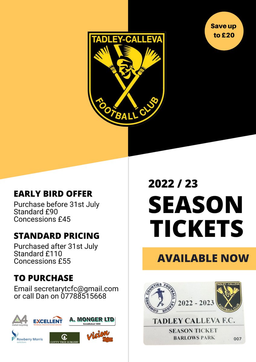 TadleyCallevaFC's tweet image. With the season rapidly approaching we have released details of our season tickets for the 2022/23 season.

ALL 19 @ComCoFL home games for just £90 if purchased before 31st July. Unbelievable value to watch high standard local football and to support your towns team. 

Details 👇🏻