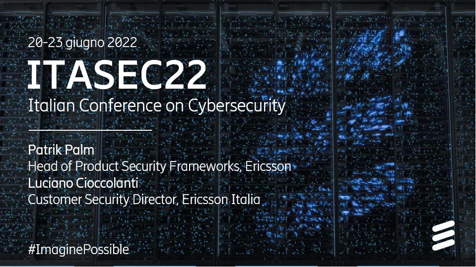 Ericsson partecipa ad <a href="/ITASEC_Conf/">ITASEC</a> conferenza nazionale sulla #cybersecurity, organizzata da <a href="/CyberSecNatLab/">Cybersecurity National Lab</a> Saremo presenti con Patrik Palm e Luciano Cioccolanti per discutere di #5G ed #edgecomputing, tra innovazione e sicurezza. 
Non perdere l'evento! m.eric.sn/vkJX50JBR3v