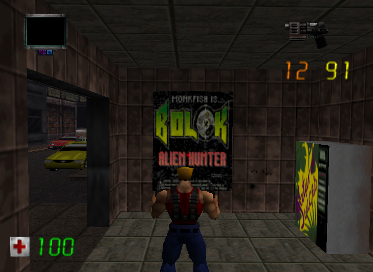 DukeAtomicTimes's tweet photo. In Duke Nukem: Zero Hour, posters for "Bolok: Alien Hunter" can be spotted throughout levels taking place in New York City. These are a spoof of "Turok: Dinosaur Hunter"; another popular shooter for the Nintendo 64. "Bolok" is also similar to bollocks; a slang word for testicles. https://t.co/E80SMVTSmF