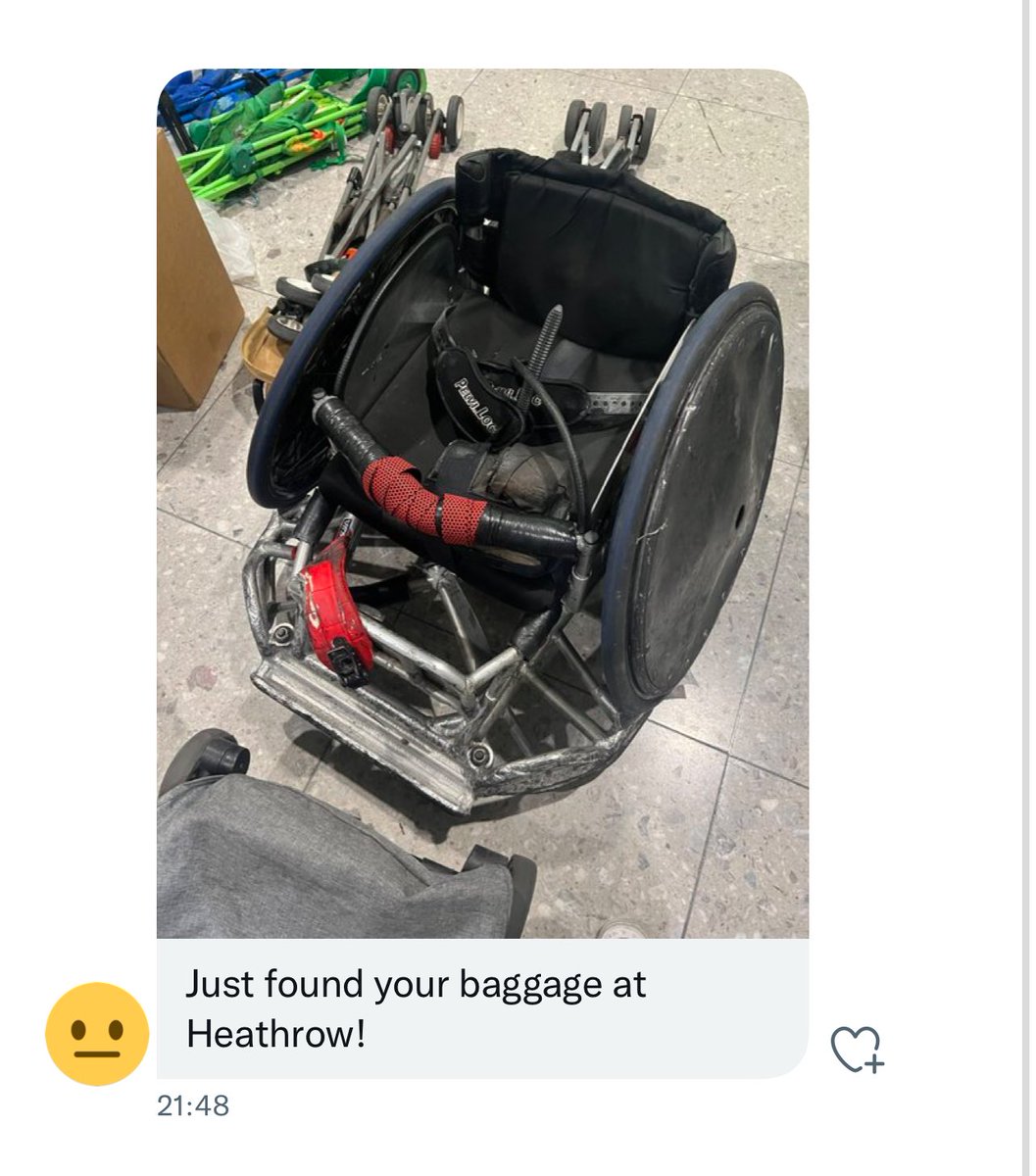 LeglessRobbo's tweet image. Just for once, would be nice to be reunited with my @gbwrnews rugby chair.

@AirCanada you transported my chair to @HeathrowAirport on 15 Jun and I’m still awaiting it. This is becoming a bit of a regular occurrence now 😔

This is it; sat at Heathrow 👇🏻 ⏰