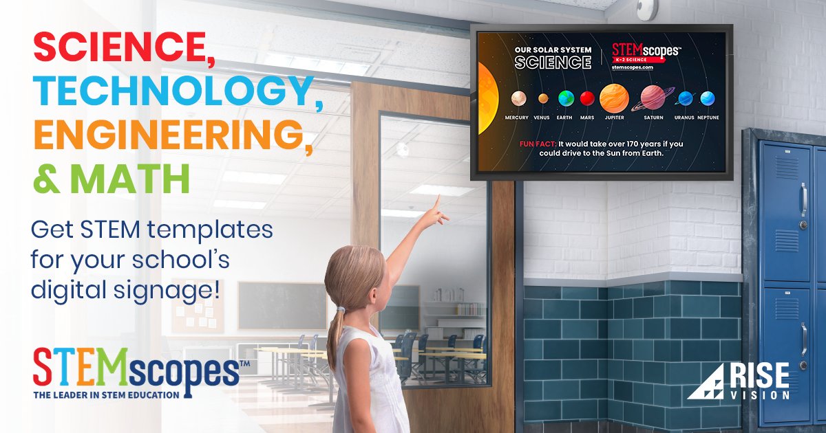 RiseVision's tweet photo. We partnered with the leader in STEM education: @STEMscopes, to bring the wonder of science, technology, engineering, and math to students in 4 amazing templates. 

See them in action at our @TXEdTechLeaders and @iste booths, or try them out for free here: https://t.co/Py0rF7AjTo https://t.co/n48fLt026C