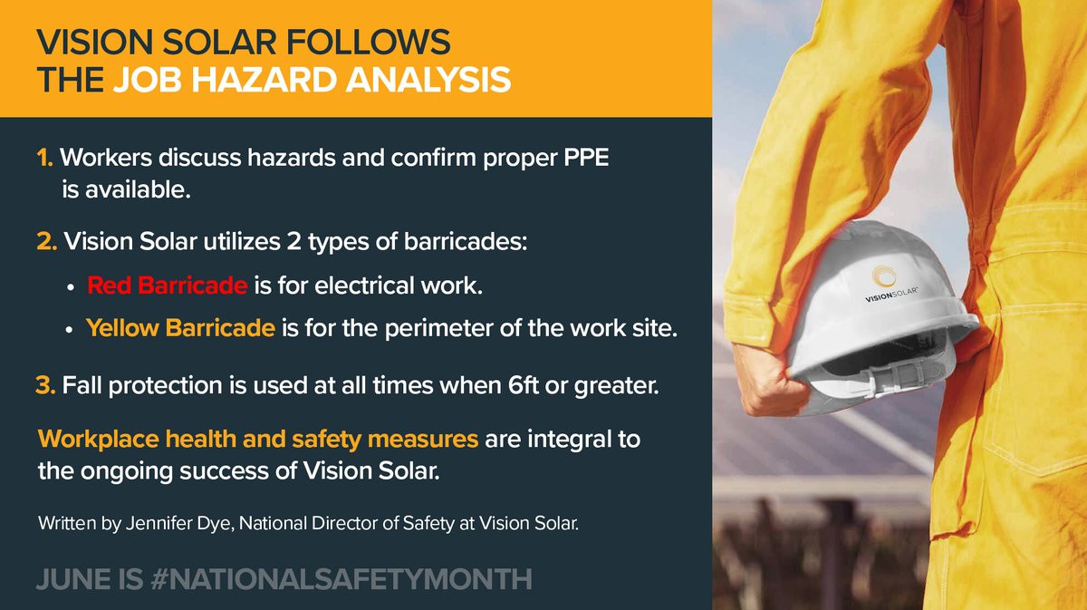 VisionSolarllc's tweet photo. National Safety Month is celebrated to encourage awareness of the importance of safety and promote a safety #culture. At Vision Solar, safety for our staff and customers is our #1 priority.  🦺

Request your FREE solar assessment today: https://t.co/9IQo2fKLVY

 #SolarEnergy https://t.co/df2hUNBGLI