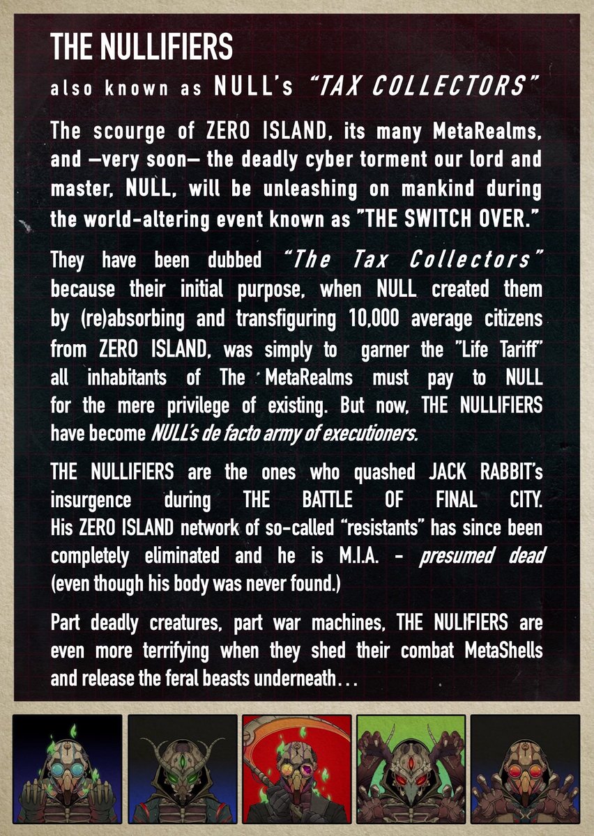 Midnightrs2028's tweet photo. Behold #TheNullifiers!

#NULL’s “Tax Collectors” - they quashed #JackRabbit’s insurgence in the MetaRealms and they will do the same to #TheRebelRabbits and their futile #Uprising here in our world.

#TheMidnightHourcontinues #ChooseYourSide
@Midnightrs2028 VS @RebelRabbits1 https://t.co/9Indxe1vNu