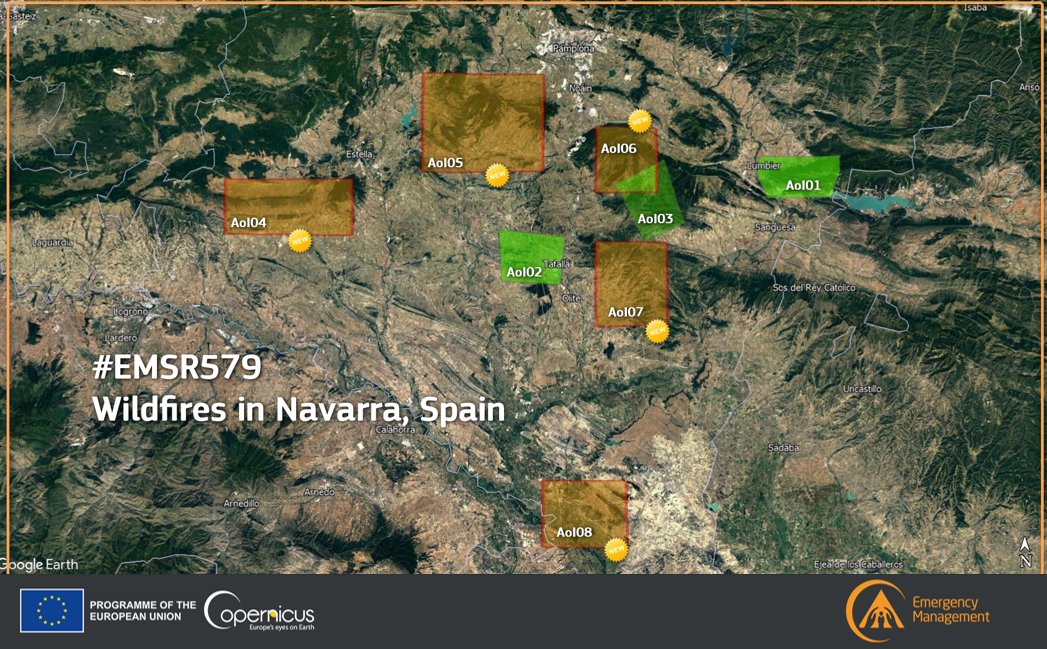 CopernicusEMS's tweet photo. #EMSR579 - #Wildfires in Navarra, #Spain🇪🇸

Our #RapidMappingTeam is working on 5⃣ new Areas of Interest

▶️AoI04 - #IFArroniz  
▶️AoI05 - #IFLegarda  
▶️AoI06 - #IFLeoz
▶️AoI07 - #IFSanmartindeUnx
▶️AoI08 - #IFArguedas

Updates as soon as possible 

https://t.co/MRICCVnQfo https://t.co/HprOKBifDm