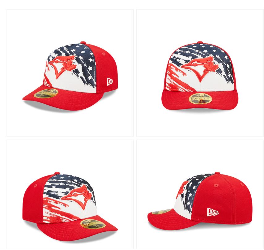 yateball's tweet photo. Quite literally the ugliest and most nonsensical Blue Jays hat I've ever seen... I get stars & stripes look for the rest of the clubs but come on... #BlueJays #NotNextLevel https://t.co/G4WDaYFOxE