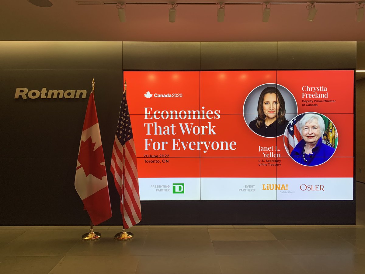 Really looking forward to hearing from <a href="/cafreeland/">Chrystia Freeland</a> + <a href="/SecYellen/">Secretary Janet Yellen (Archived)</a> today. Thanks <a href="/Canada2020/">Canada 2020</a> for hosting.