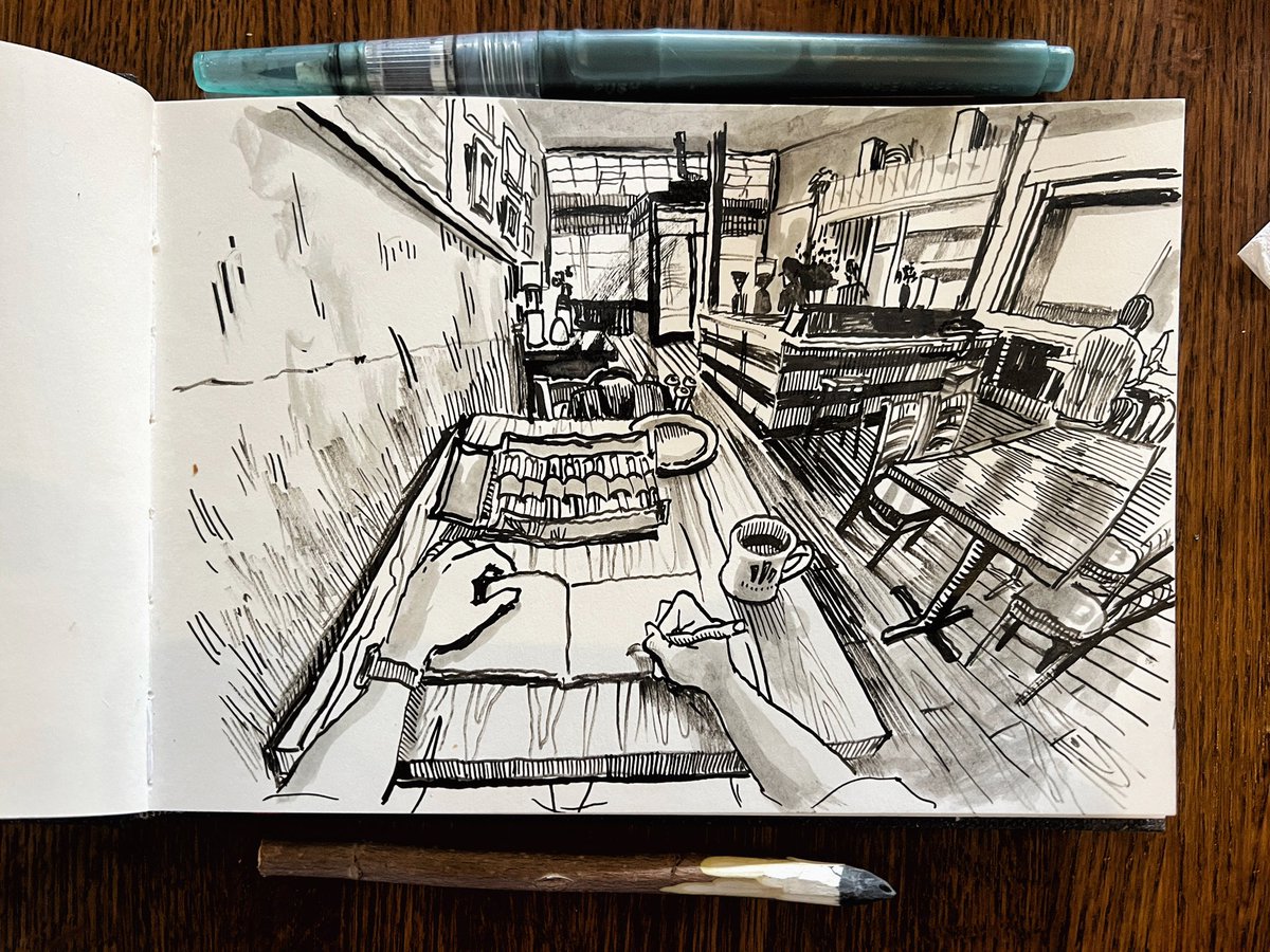 Sketch of Metropolitan Coffee with homemade stick pen and water brush. 