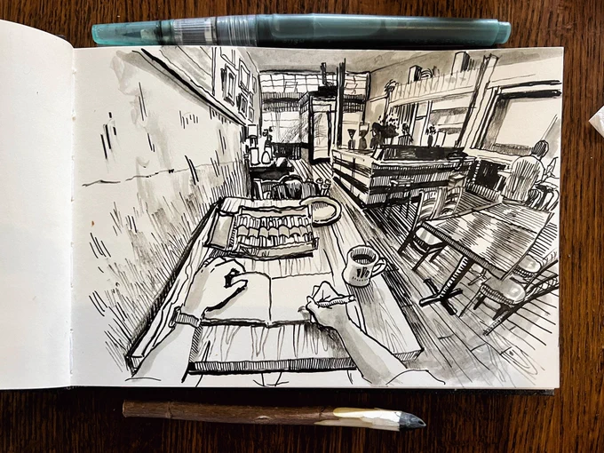 Sketch of Metropolitan Coffee with homemade stick pen and water brush. 