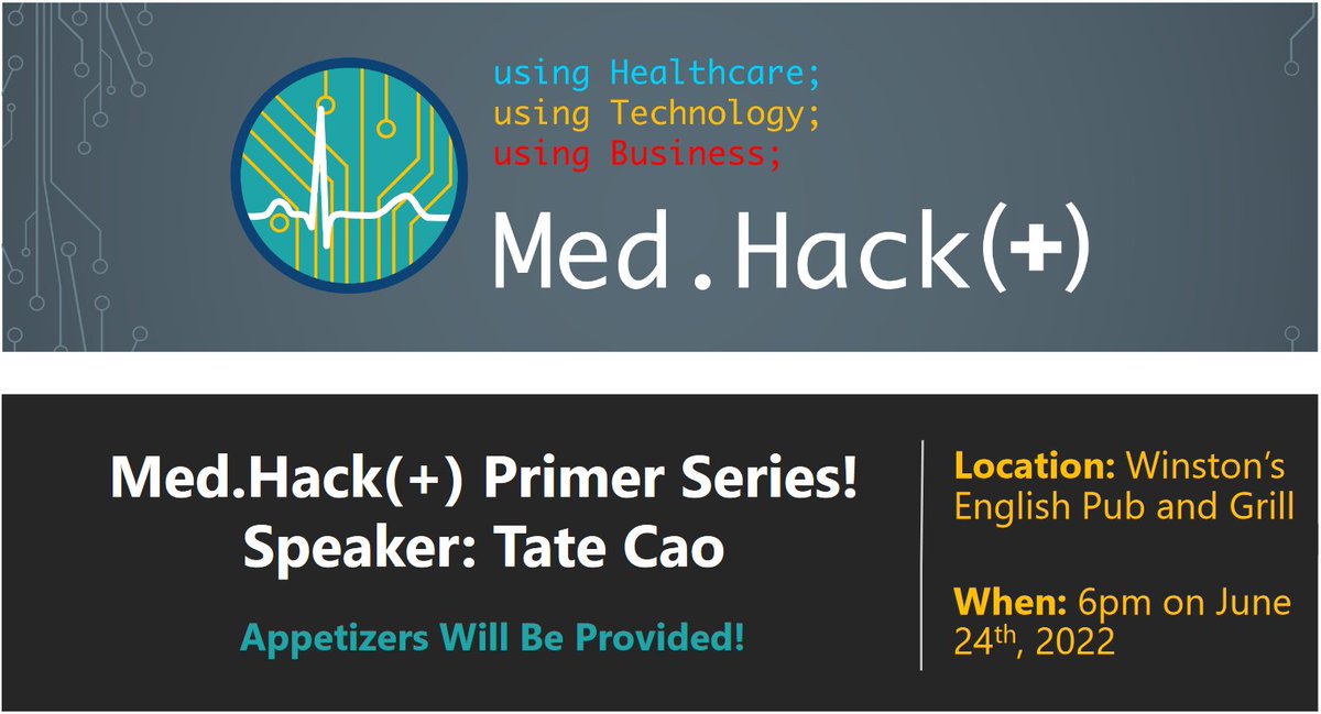 Get ready for another Med.Hack(+) Primer featuring speaker Tate Cao! Tate is the La Borde Chair in Engineering Entrepreneurship and an Assistant Professor at the Ron and Jane Graham School of Professional Development. please join us at Winston's English Pub basement on June 24!